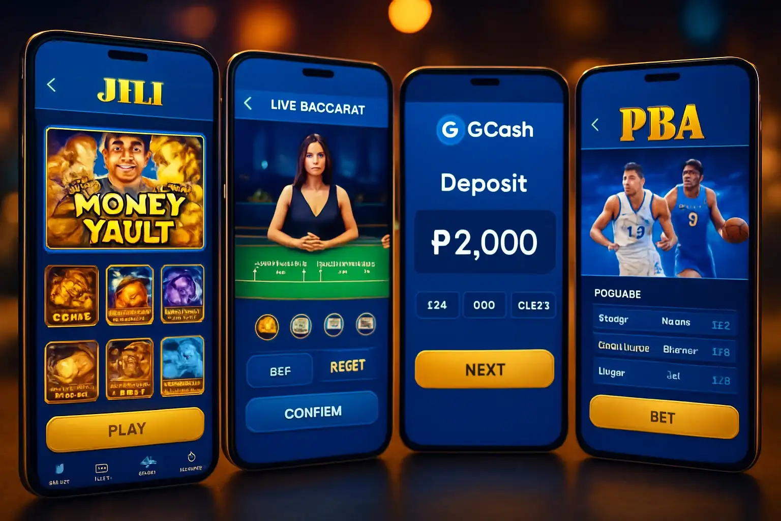 Multiple Android screens showing Philippine casino app with slots, baccarat, GCash, sports betting