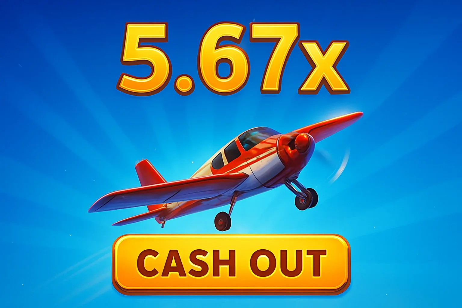 Aviator crash game with plane rising, 5.67x multiplier, cash-out button