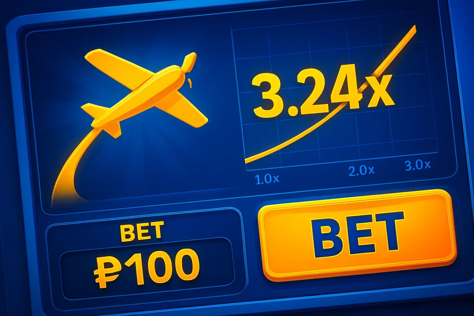 Close-up aviator crash game UI with plane trajectory, multiplier graph, and peso bets