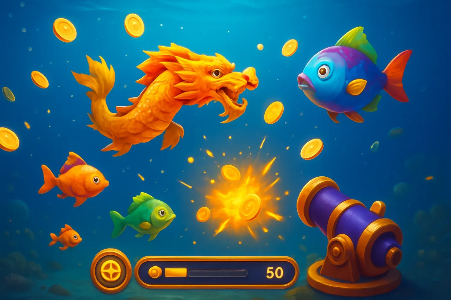 Vibrant Philippine casino fishing game with colorful fish and cannon UI
