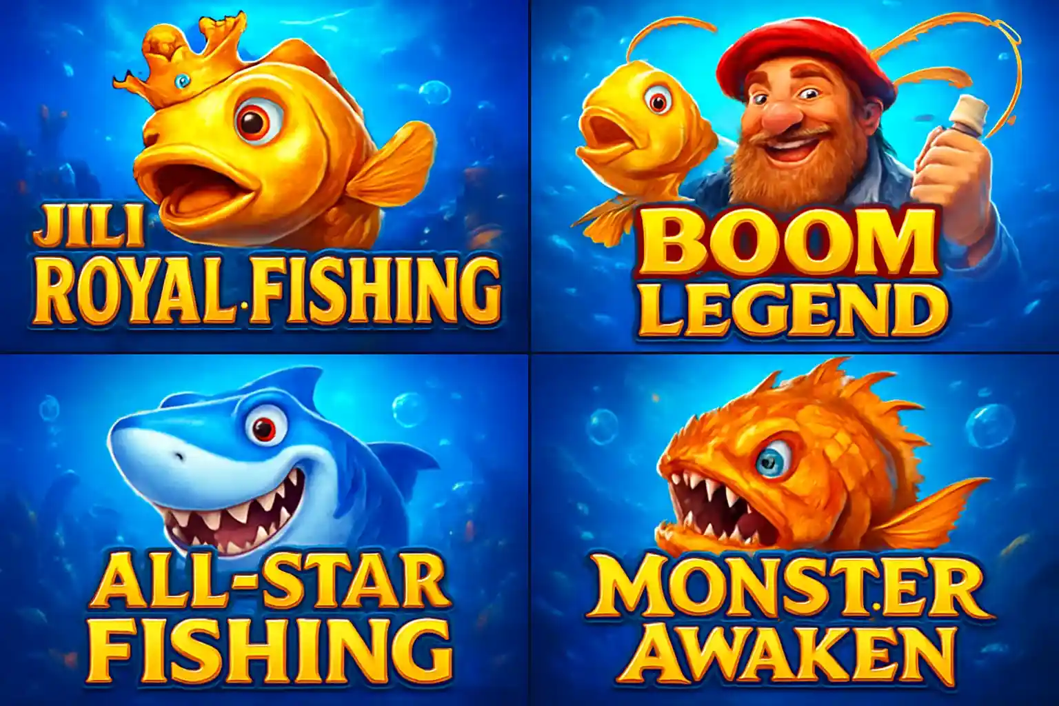 Grid of popular Philippine fishing game thumbnails in vibrant blue and gold
