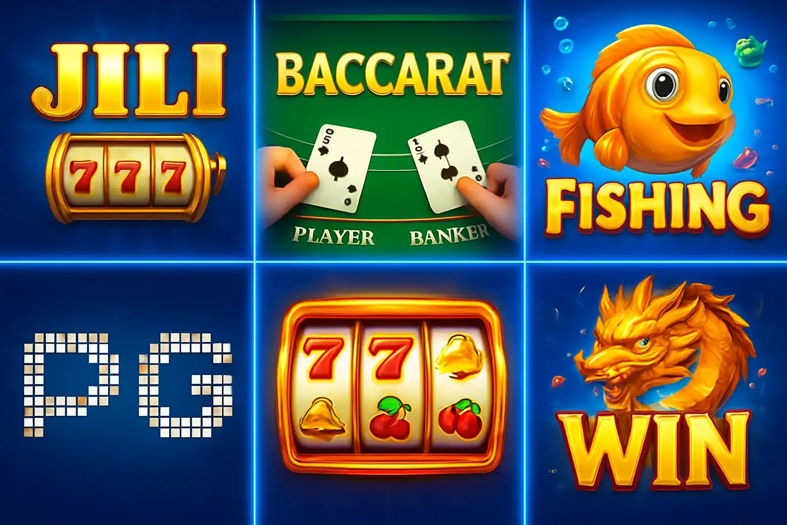 Colorful grid of Philippine casino game thumbnails with blue and gold UI