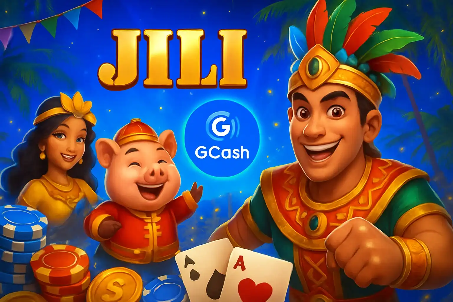 Vibrant Philippine online casino hero banner with JILI characters and GCash badge