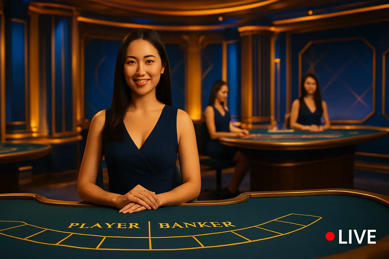 Elegant live casino studio with Asian dealers, baccarat and blackjack tables