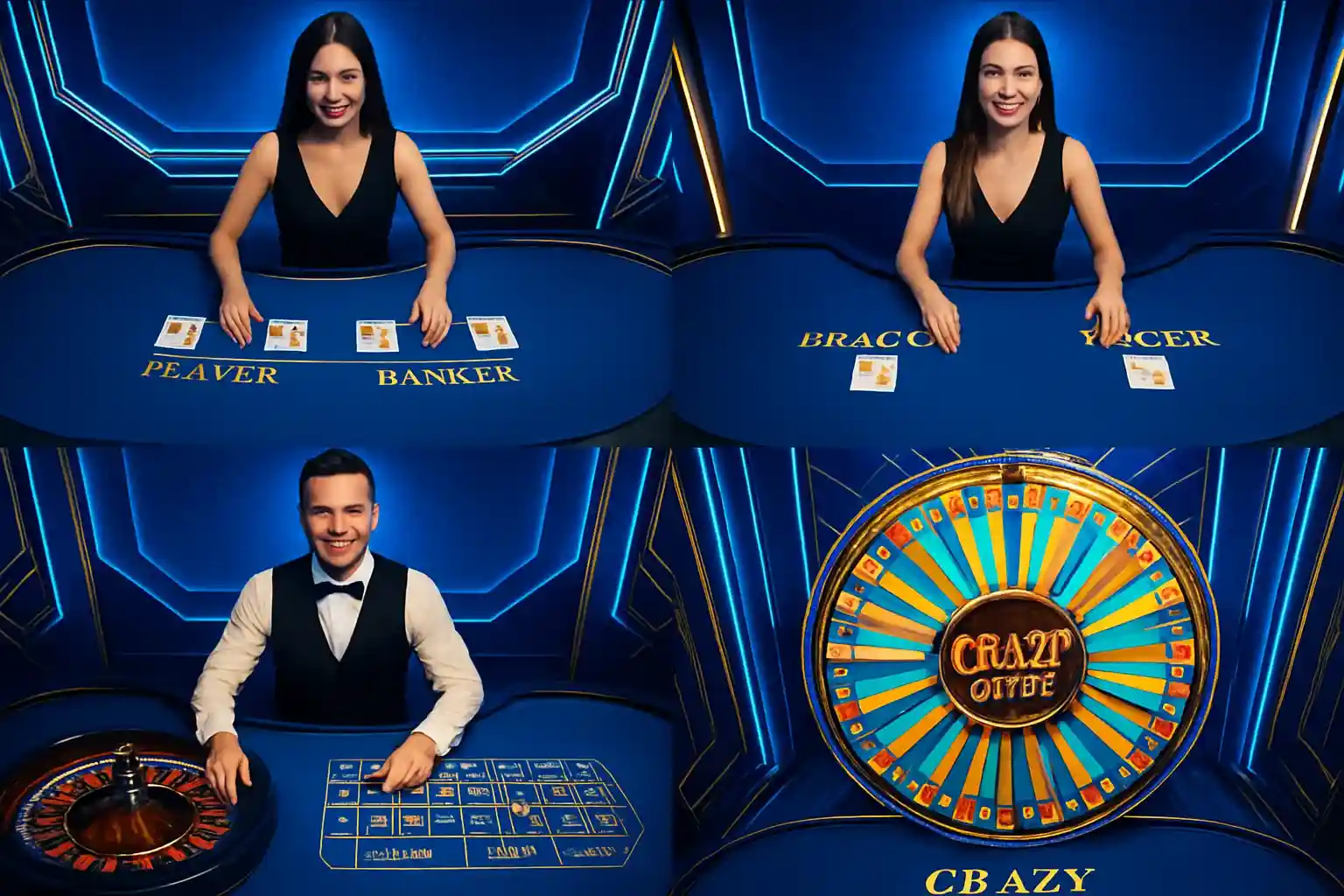 Live casino game cards with dealers, baccarat, roulette, Crazy Time wheel