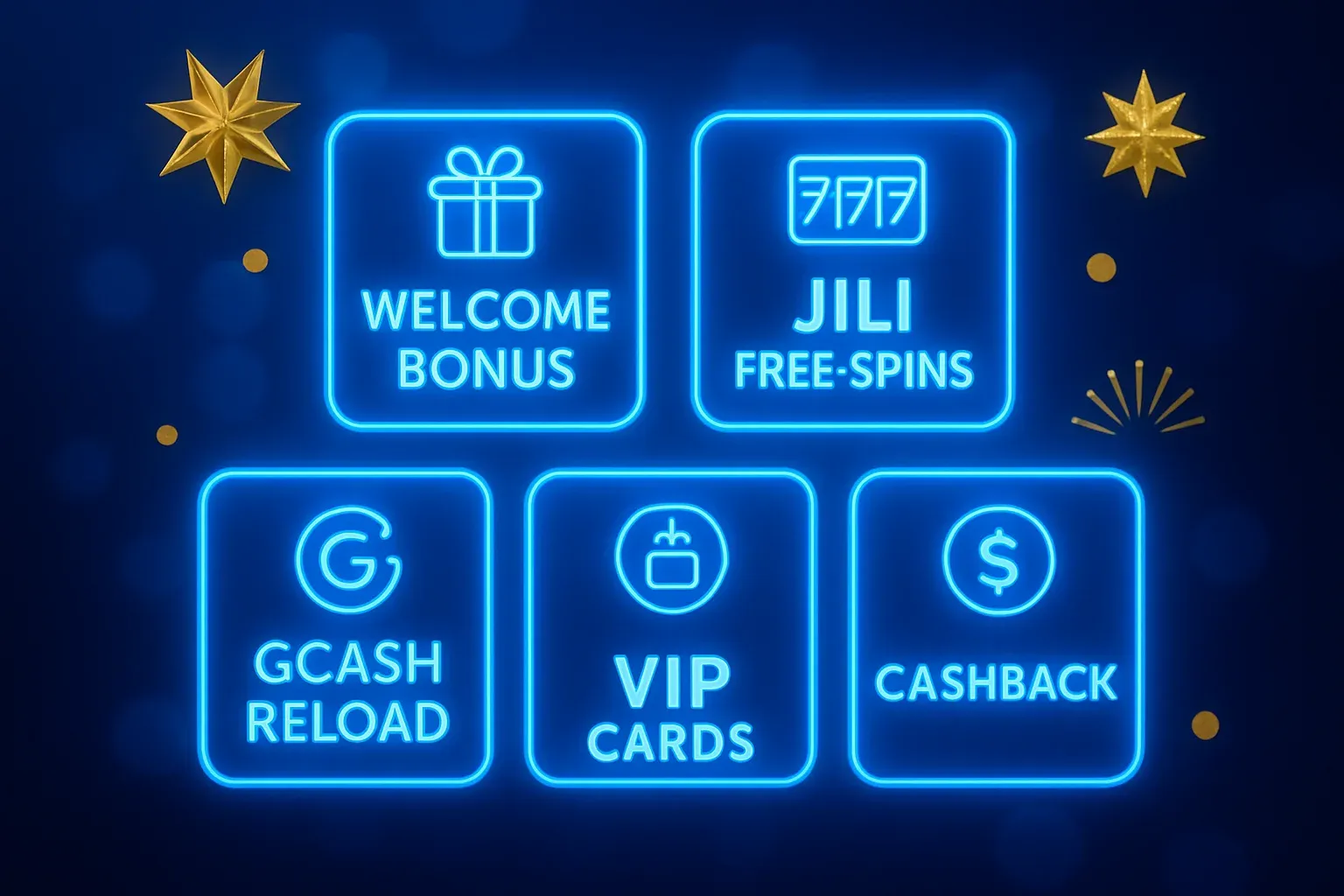 Welcome bonus, JILI free spins, GCash reload, cashback and VIP cards on blue
