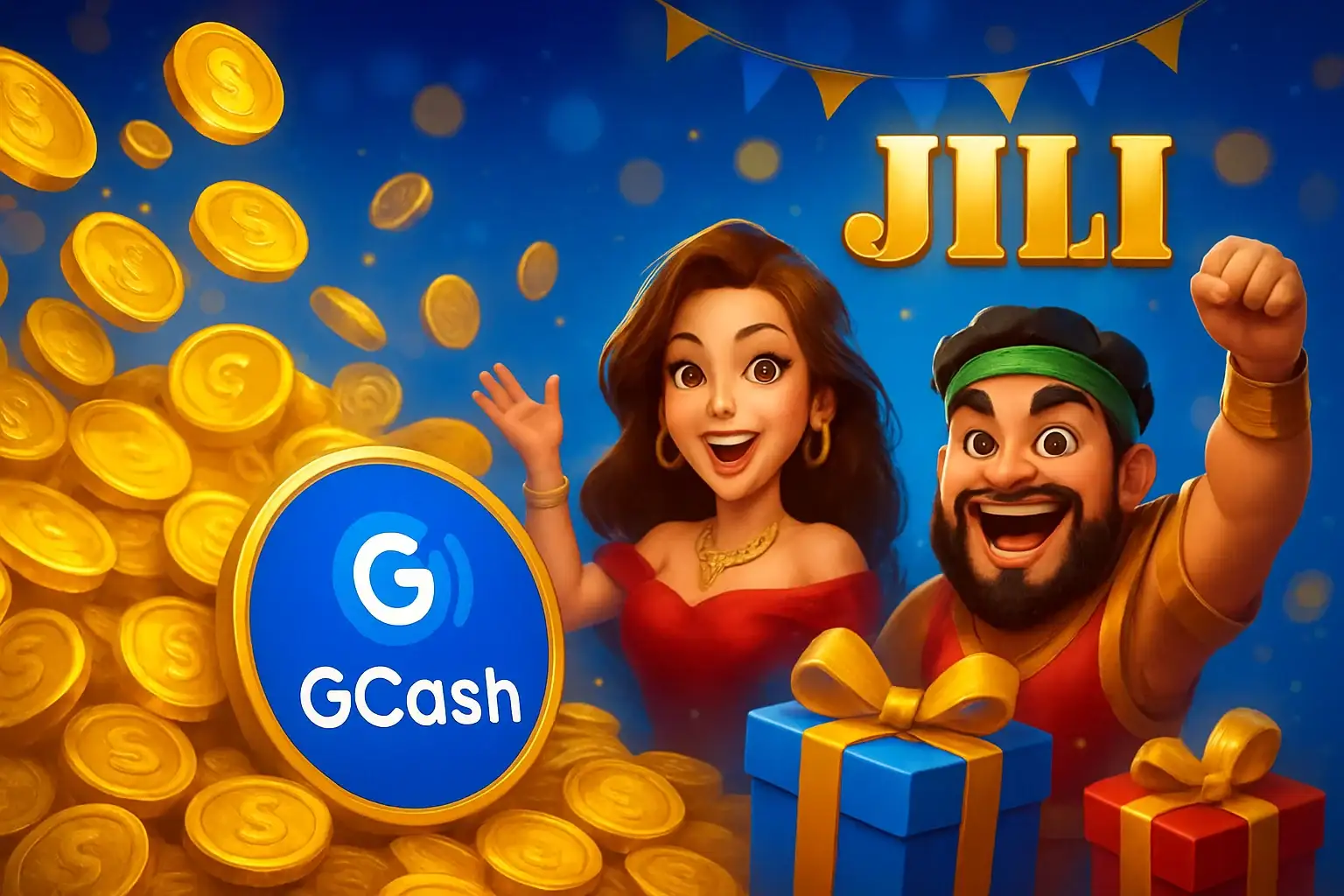 Philippine casino promotions banner with gold coins, gift boxes, GCash badge, JILI characters