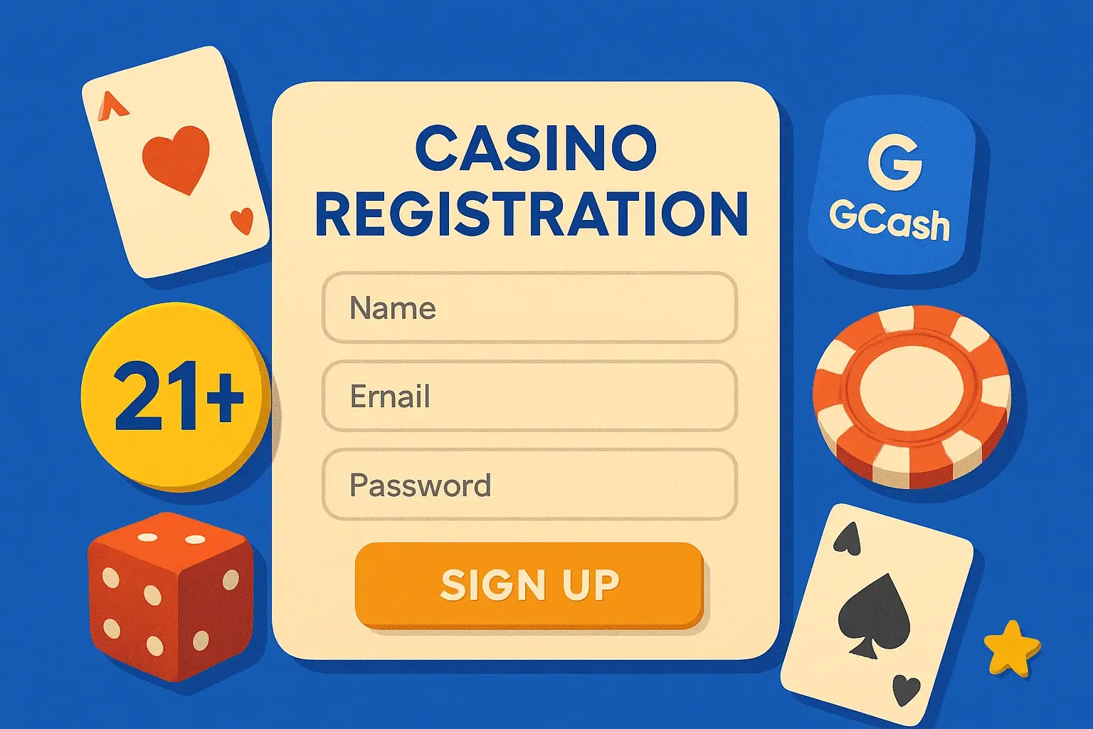 Philippine casino sign-up form on royal blue with gold 21+ badge and GCash logo