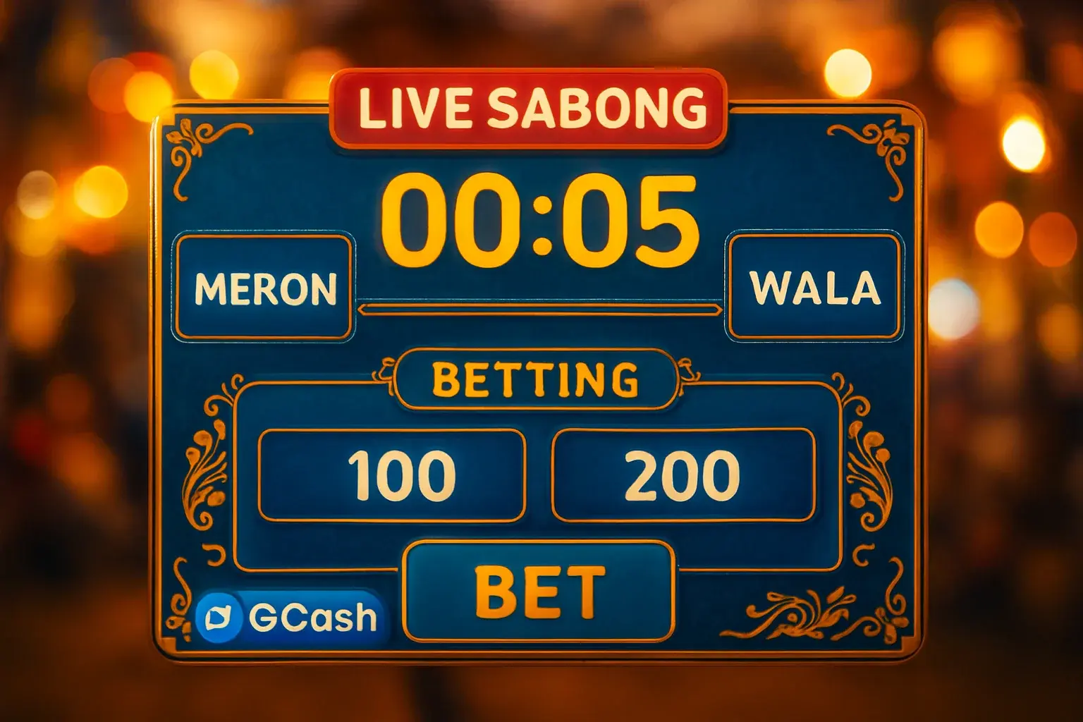Live sabong countdown timer with Meron vs Wala betting panel and GCash badge