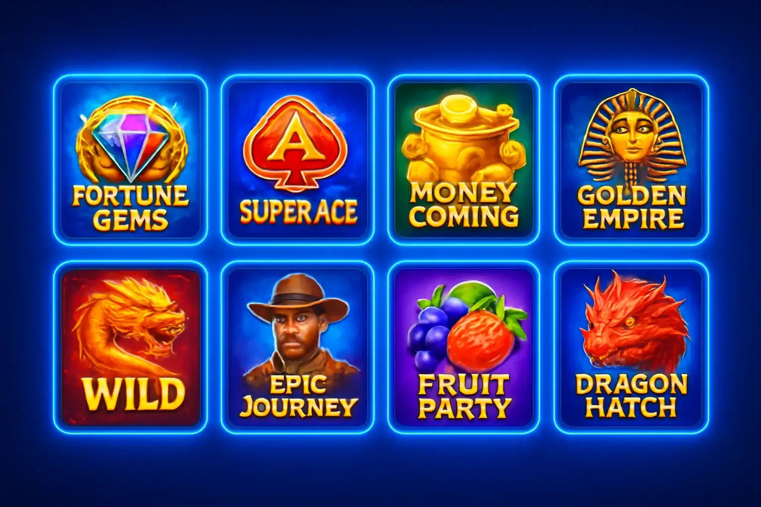 Grid of JILI and PG Soft slot game thumbnails on blue background