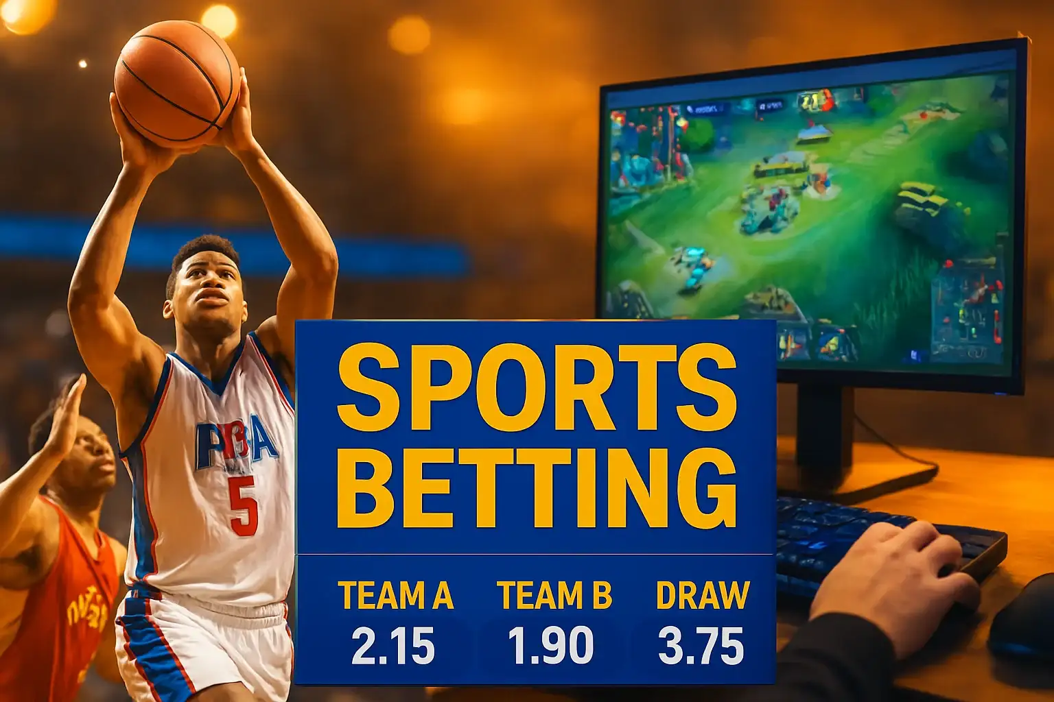 Philippine sports betting banner with PBA action and Mobile Legends overlay